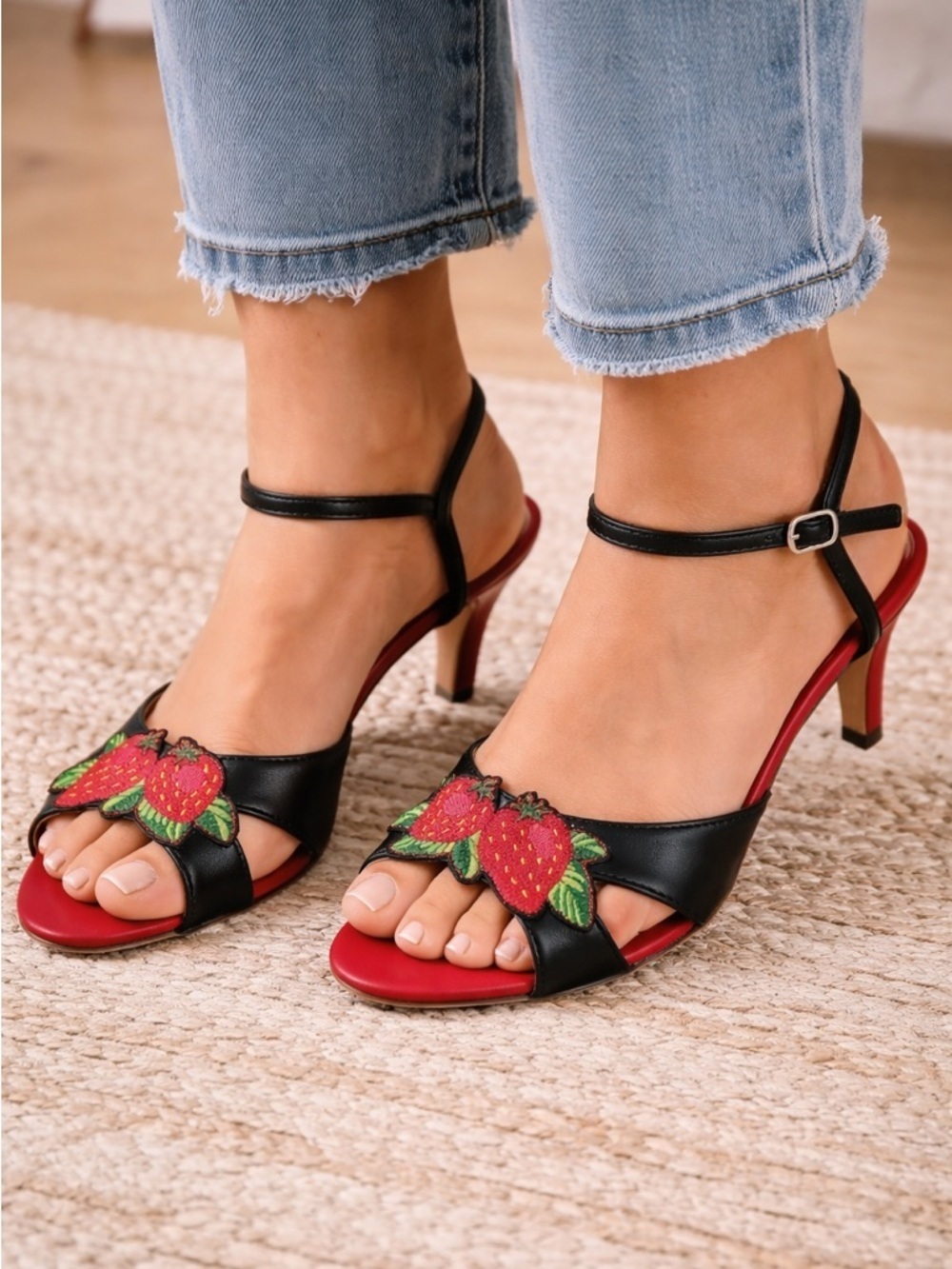 ModCloth Royal Monk Strawberry Embroidered Heels Black Ankle Strap Sandals Sz 7